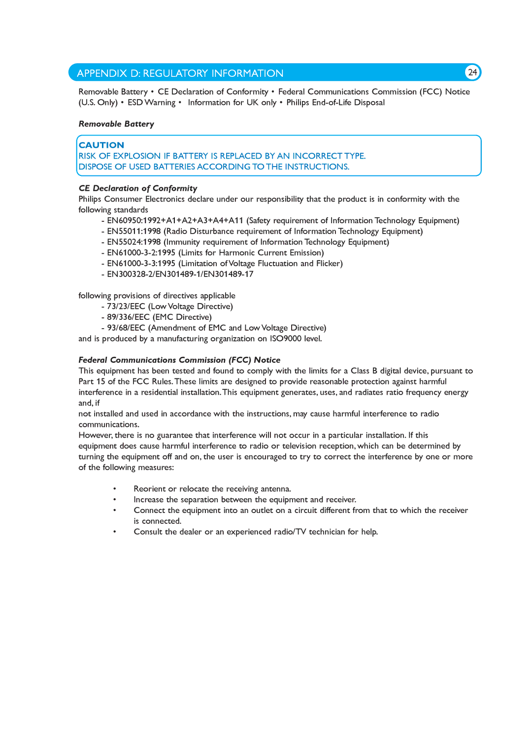 Philips 100WT10P manual Removable Battery, CE Declaration of Conformity, Federal Communications Commission FCC Notice 