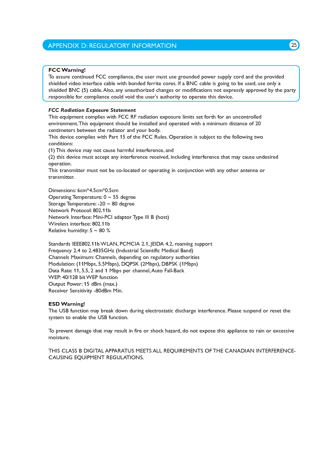 Philips 100WT10P manual Appendix D Regulatory Information, FCC Warning, FCC Radiation Exposure Statement, ESD Warning 