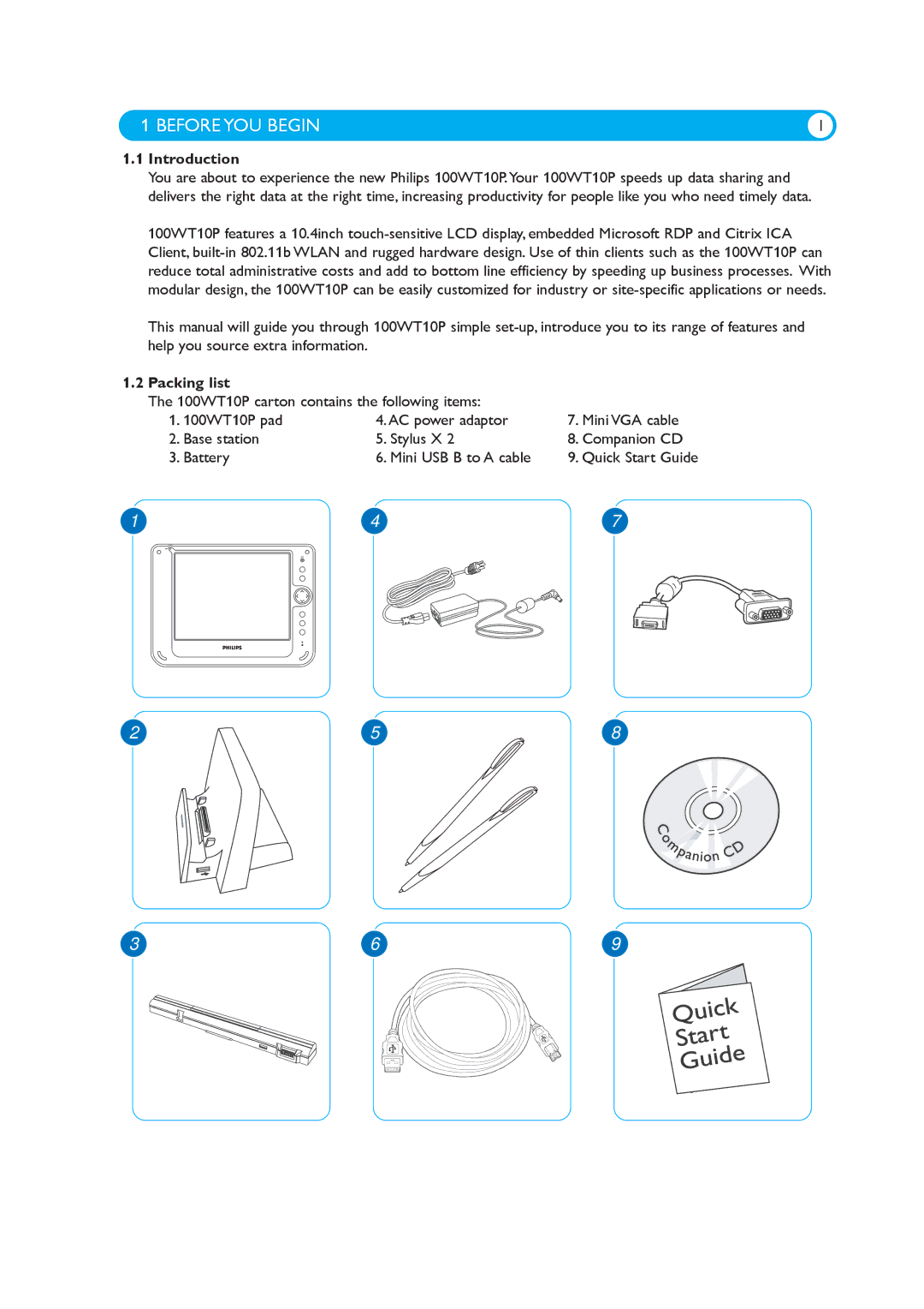 Philips 100WT10P manual Before YOU Begin, Introduction, Packing list 