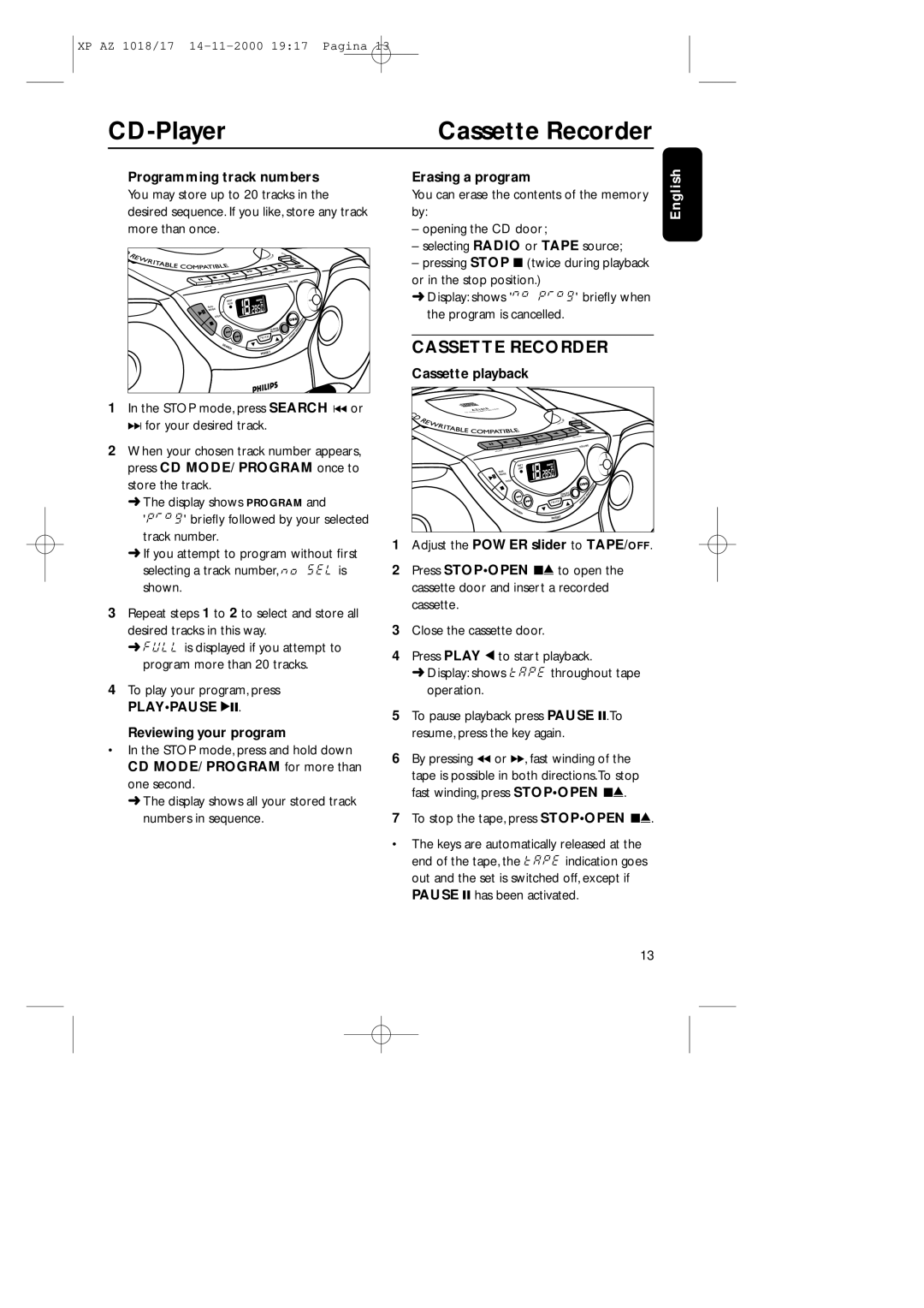 Philips 1018 manual Programming track numbers, Reviewing your program, Erasing a program, Cassette playback 