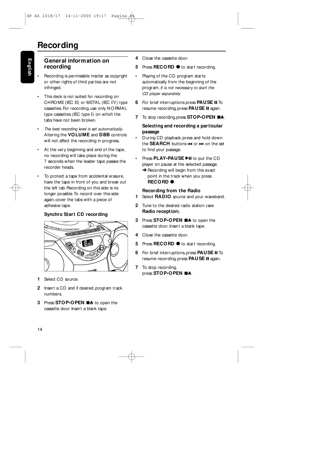 Philips 1018 manual Recording, General information on recording 