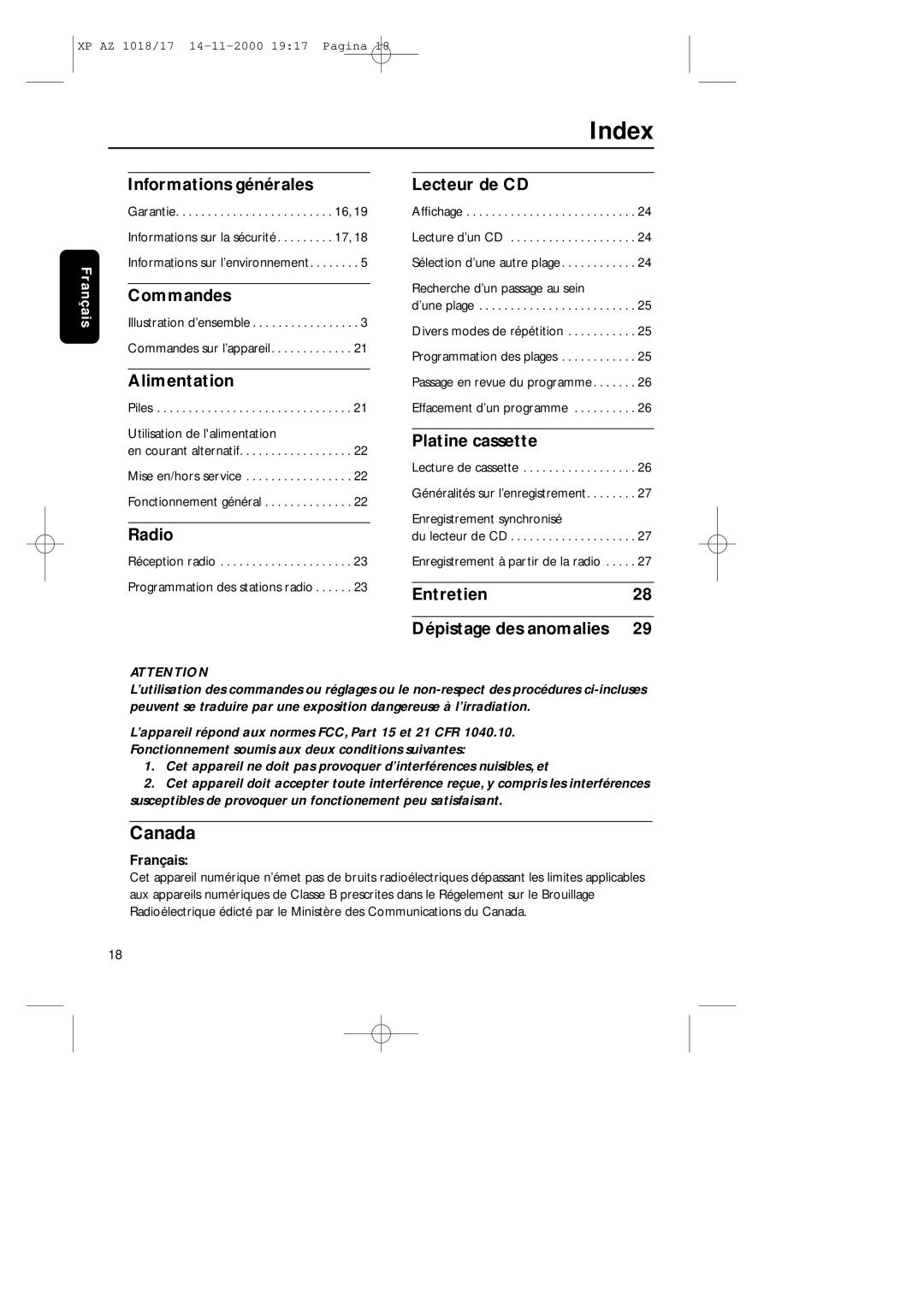 Philips 1018 manual Informations générales, Commandes, Alimentation, Lecteur de CD, Platine cassette 