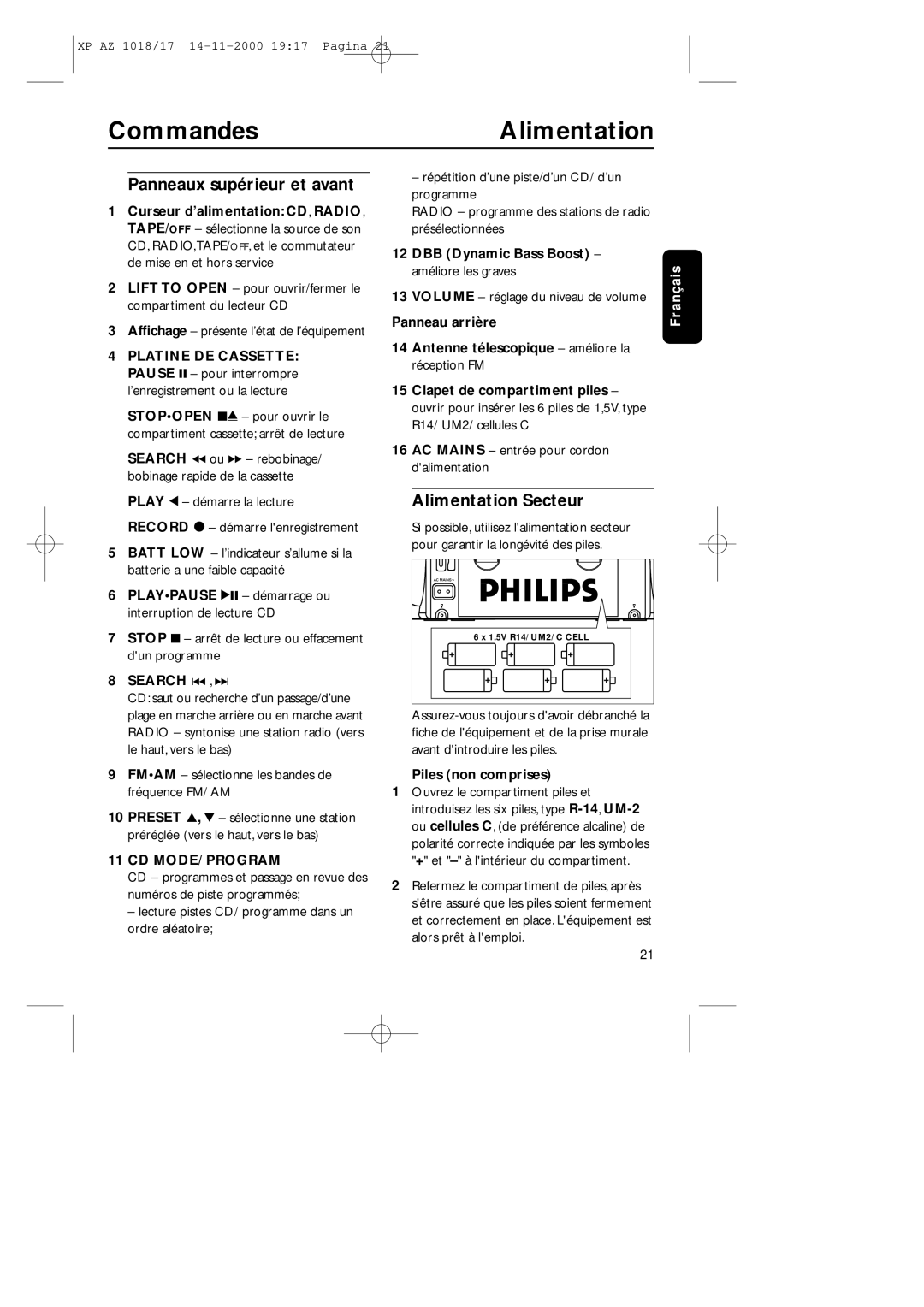 Philips 1018 manual CommandesAlimentation, Panneaux supérieur et avant, Alimentation Secteur, Piles non comprises 