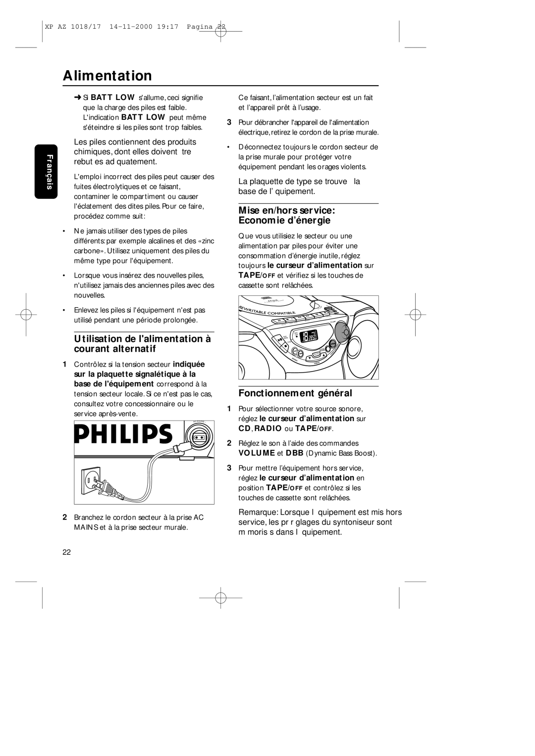 Philips 1018 Alimentation, Mise en/hors service Economie d’énergie, Utilisation de lalimentation à courant alternatif 