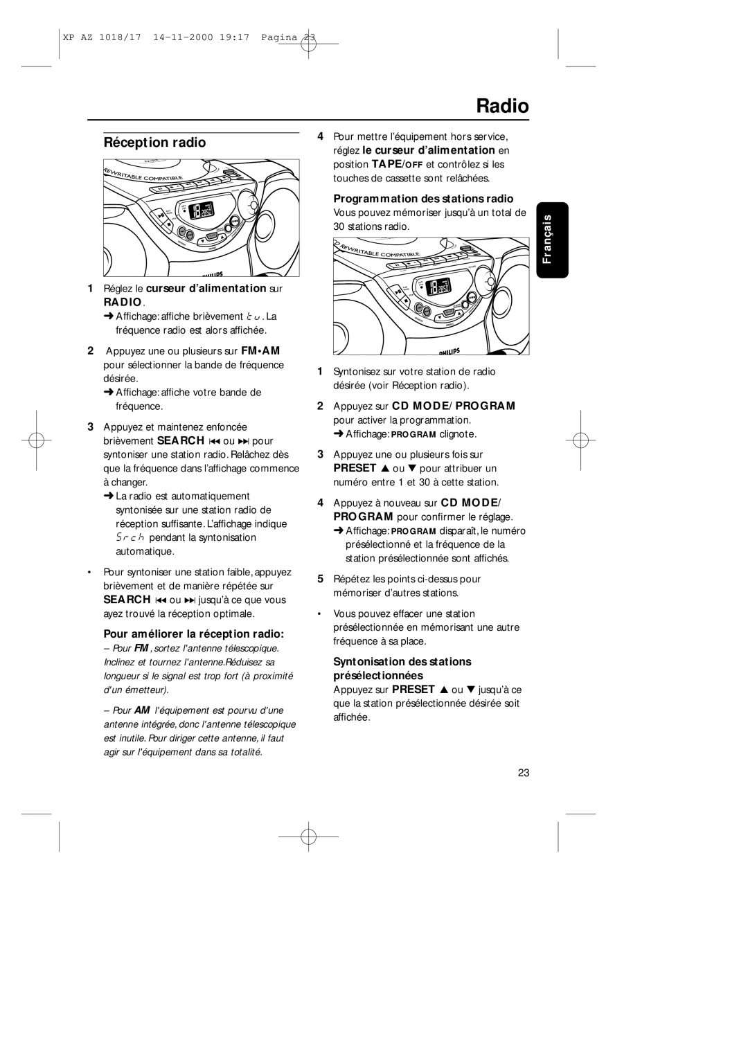 Philips 1018 manual Réception radio 