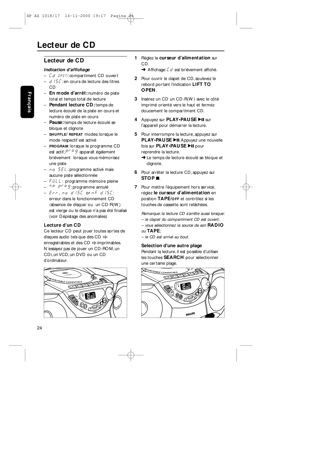 Philips 1018 manual Lecteur de CD, Lecture d’un CD, Réglez le curseur d’alimentation sur CD 