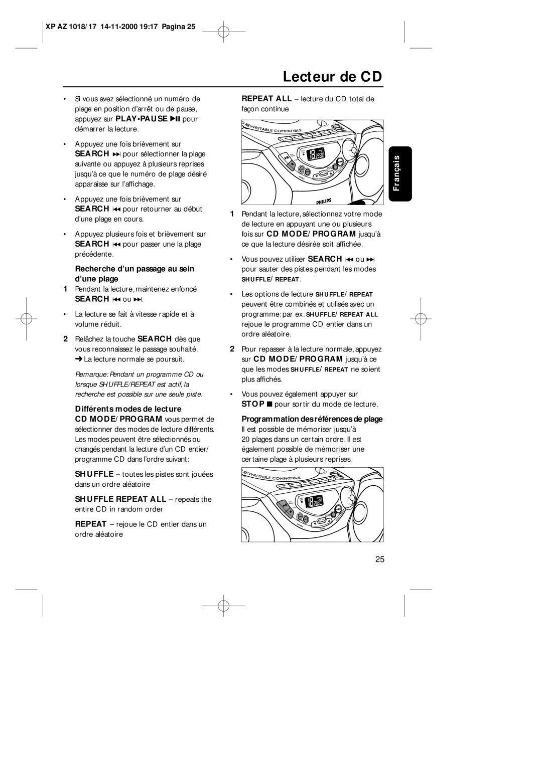 Philips 1018 manual Recherche d’un passage au sein d’une plage, Différents modes de lecture 