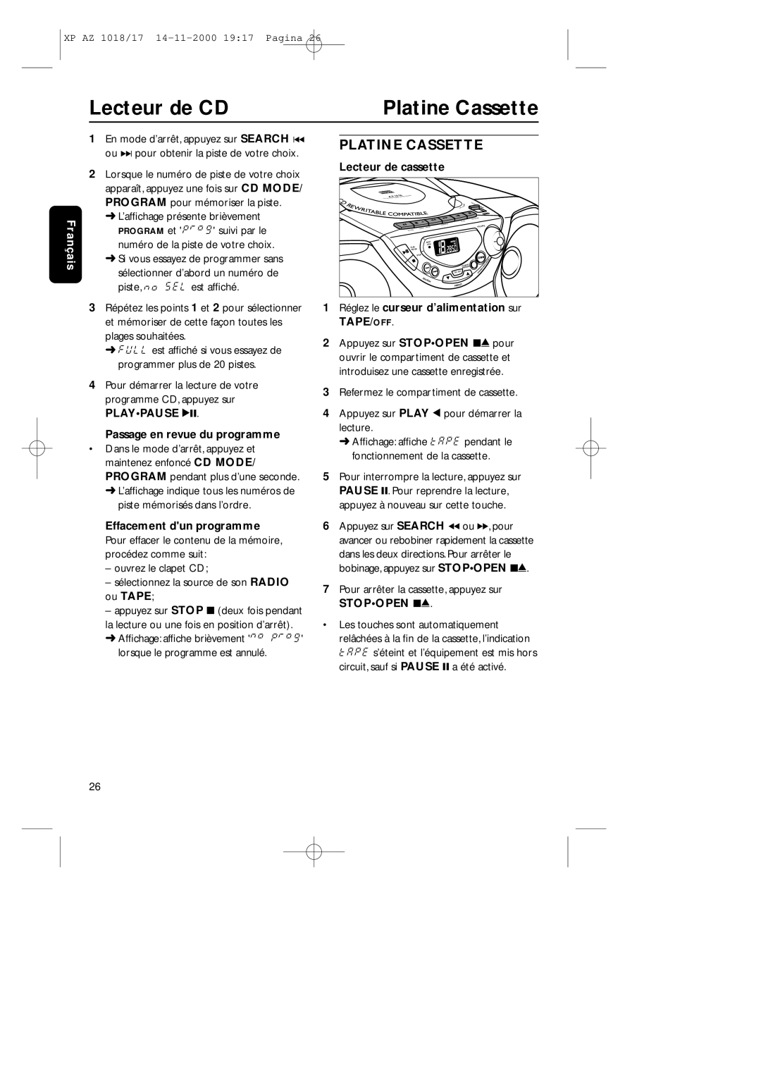 Philips 1018 Lecteur de CD Platine Cassette, Lecteur de cassette, Passage en revue du programme, Effacement dun programme 