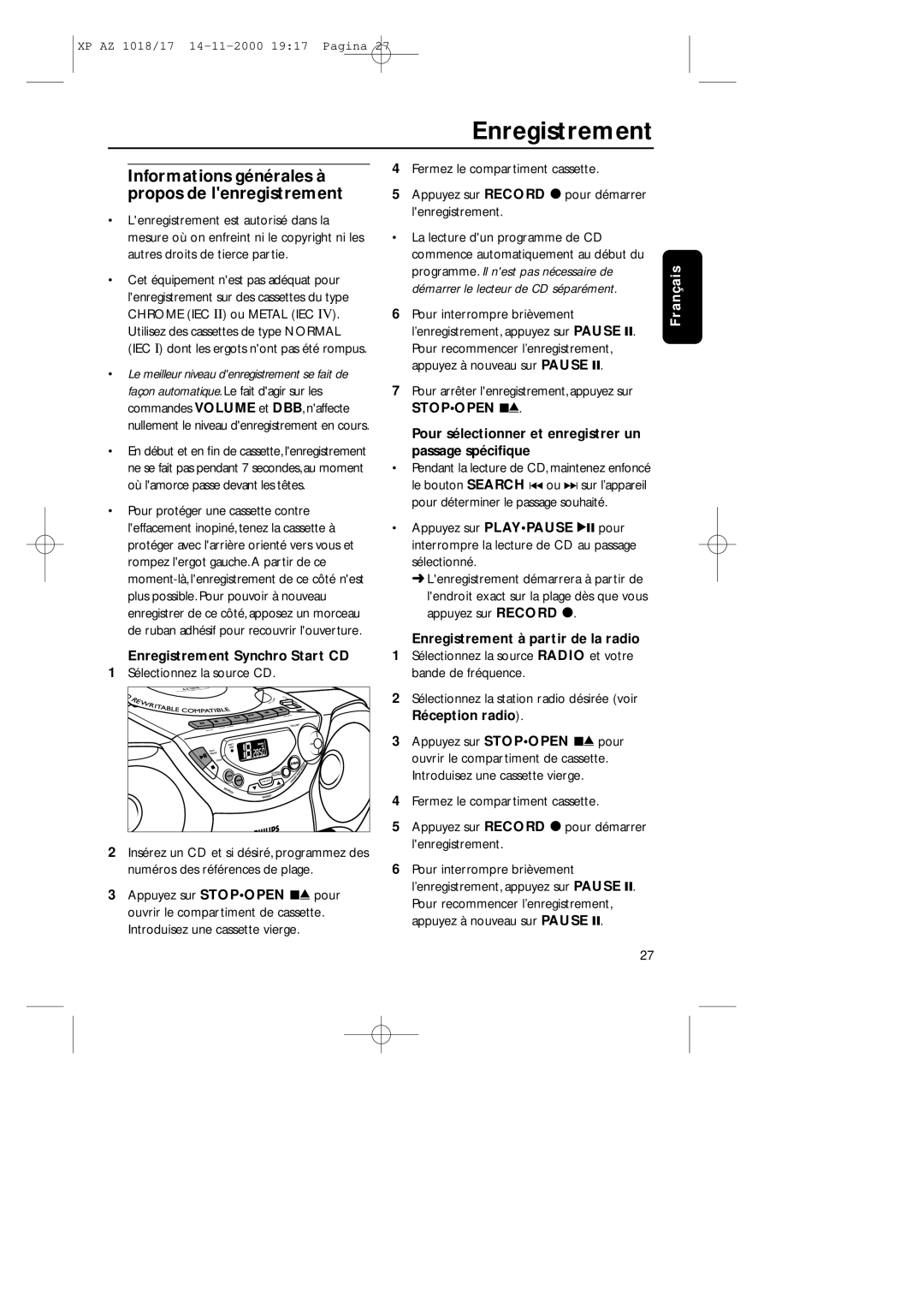 Philips 1018 manual Enregistrement Synchro Start CD, Pour sélectionner et enregistrer un Passage spéciﬁque 