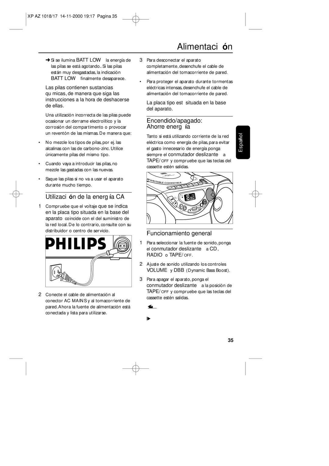 Philips 1018 manual Encendido/apagado Ahorre energía, Utilización de la energía CA, Funcionamiento general 