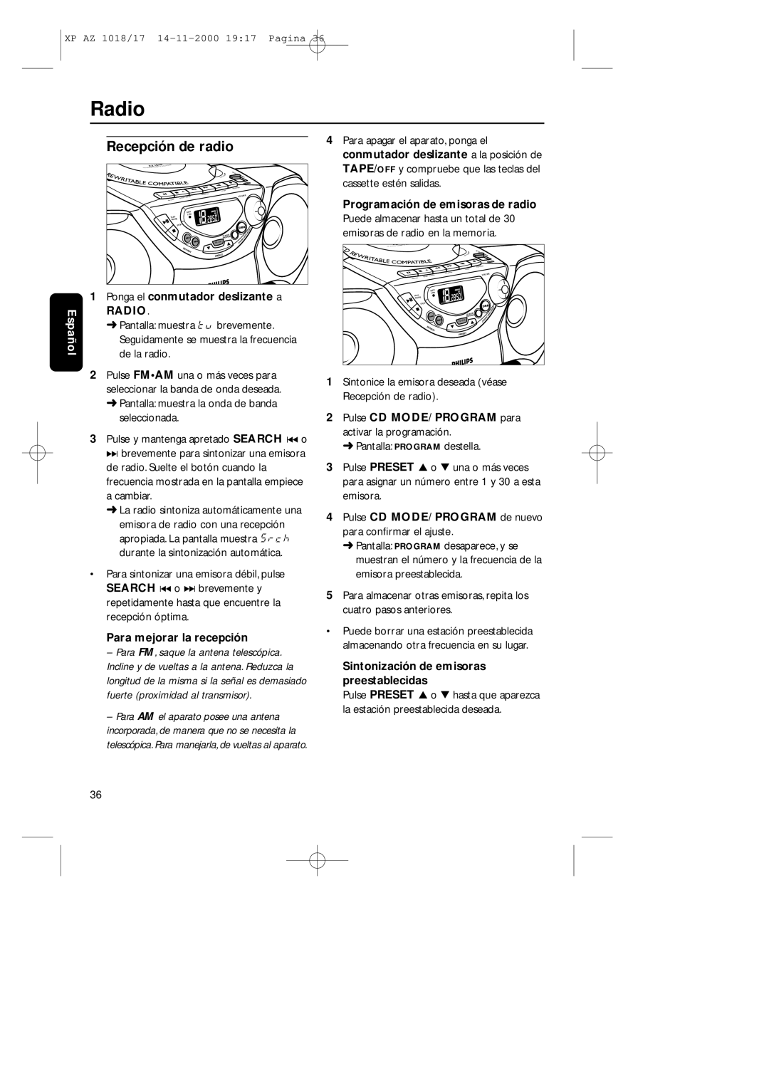 Philips 1018 manual Recepción de radio 