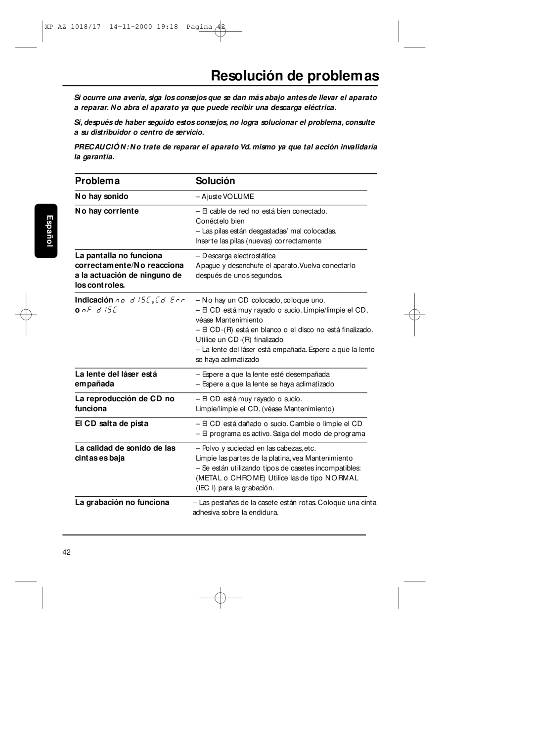 Philips 1018 manual Resolución de problemas, Problema Solución 