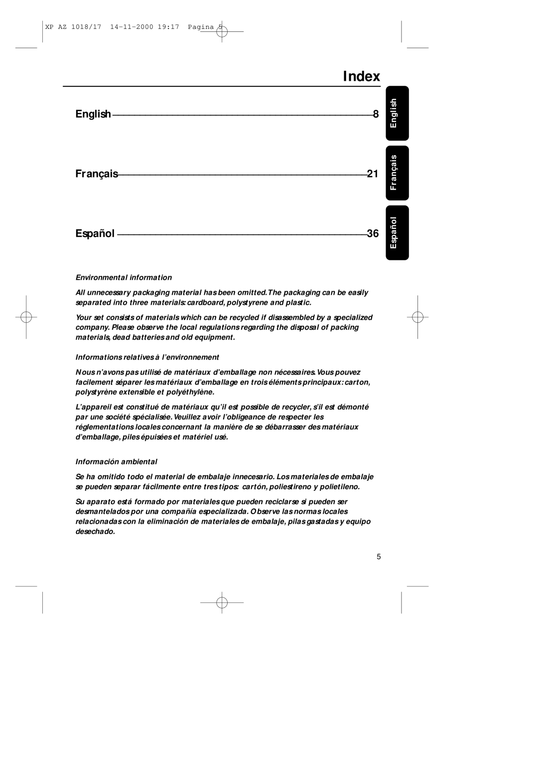 Philips 1018 manual Index, English Français21 Español 