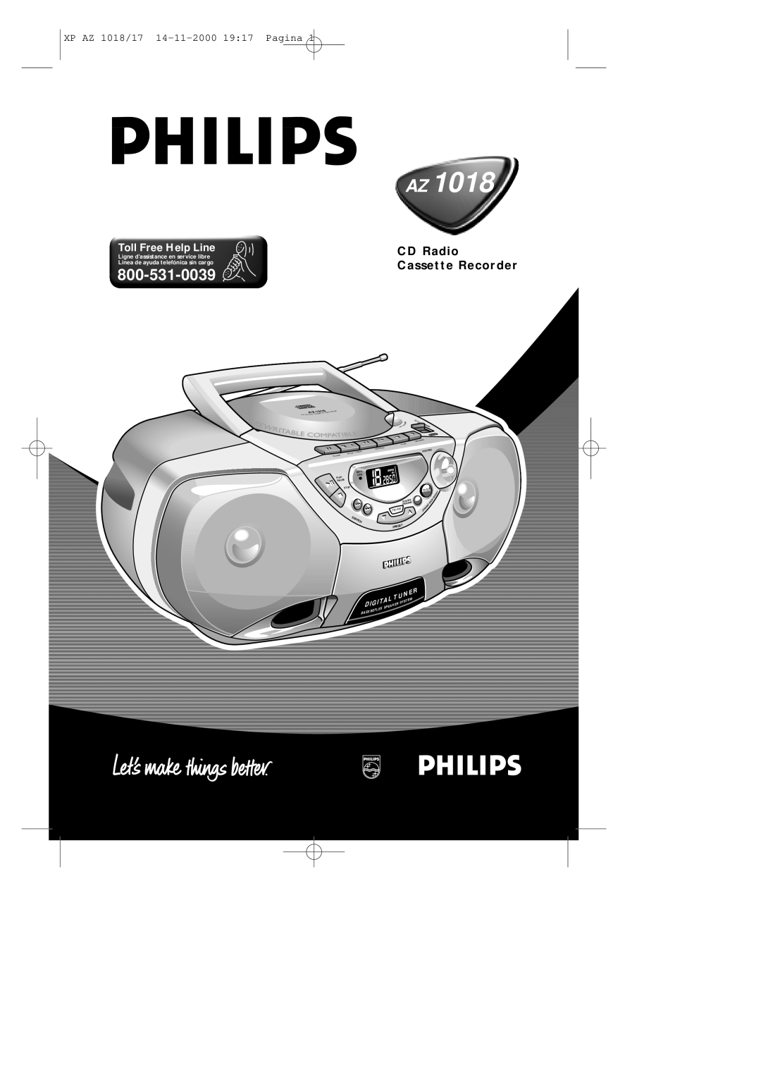 Philips manual CD Radio Cassette Recorder, XP AZ 1018/17 14-11-2000 1917 Pagina, Toll Free Help Line, Igit, Search 