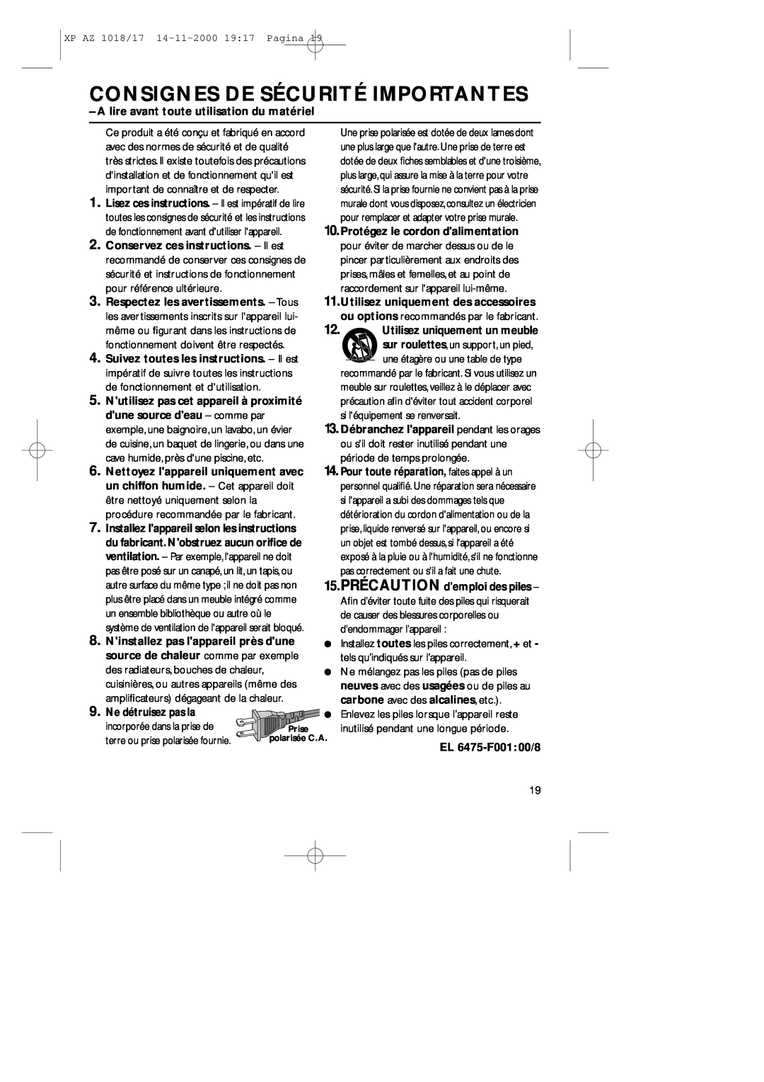 Philips 1018 manual Consignes De Sécurité Importantes, A lire avant toute utilisation du matériel, Ne détruisez pas la 