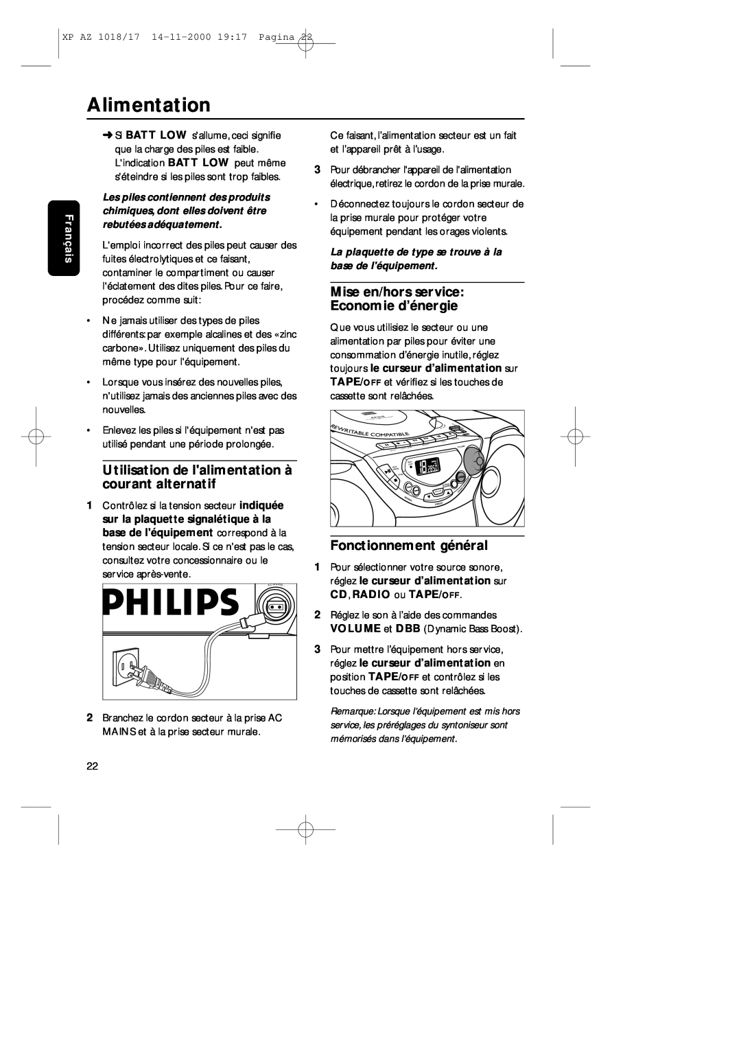 Philips 1018 Alimentation, Mise en/hors service Economie d’énergie, Utilisation de lalimentation à courant alternatif 