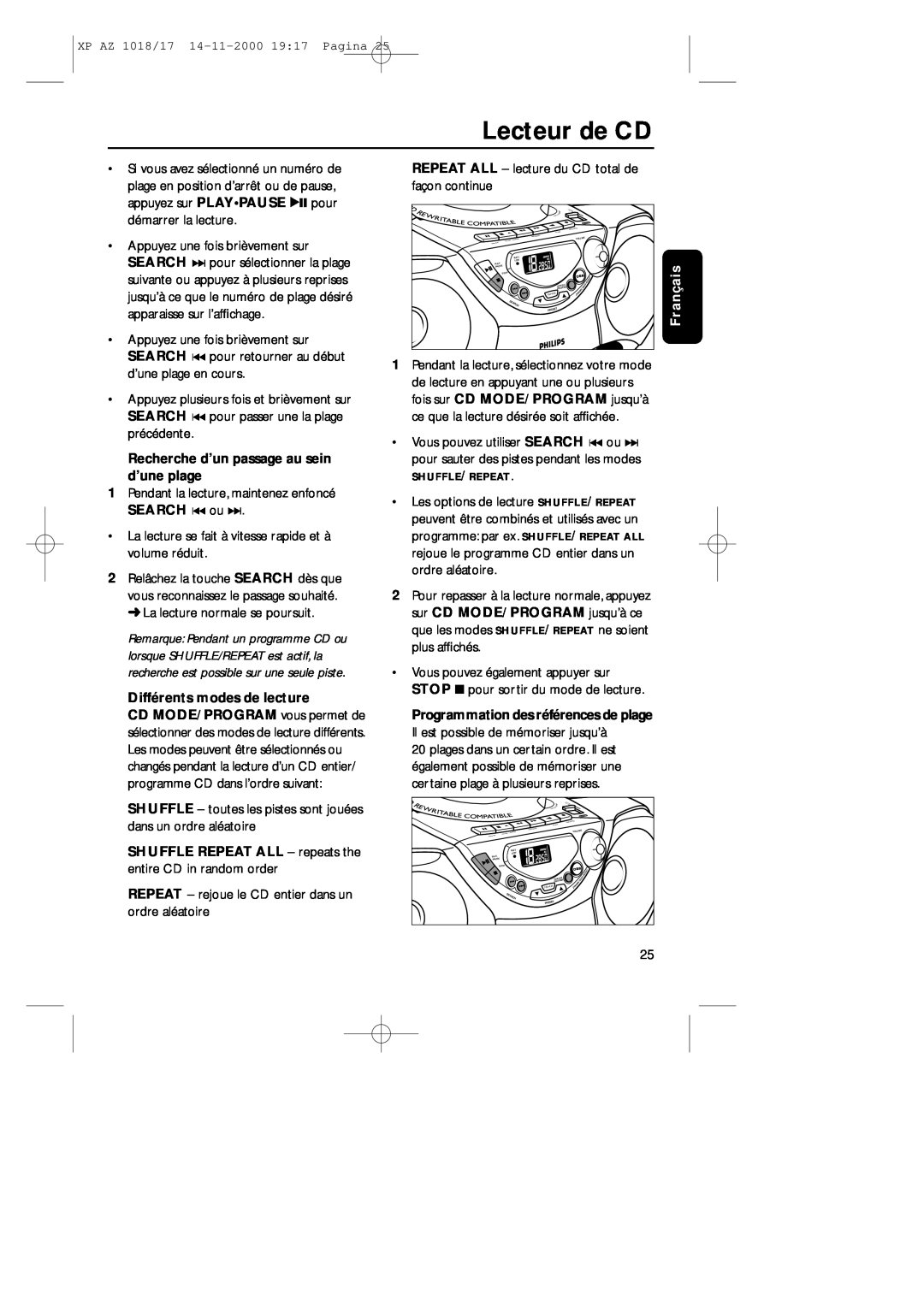 Philips 1018 manual Lecteur de CD, Recherche d’un passage au sein d’une plage, Différents modes de lecture, Fran 
