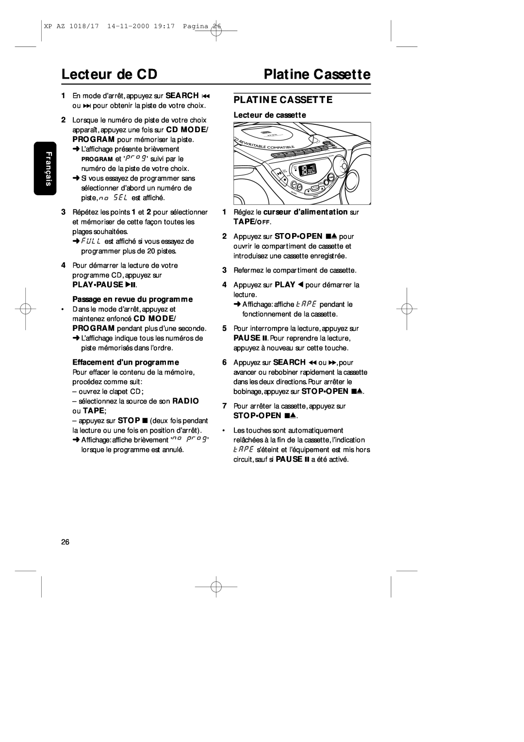 Philips 1018 manual Platine Cassette, Lecteur de CD, Français, Lecteur de cassette, Passage en revue du programme 