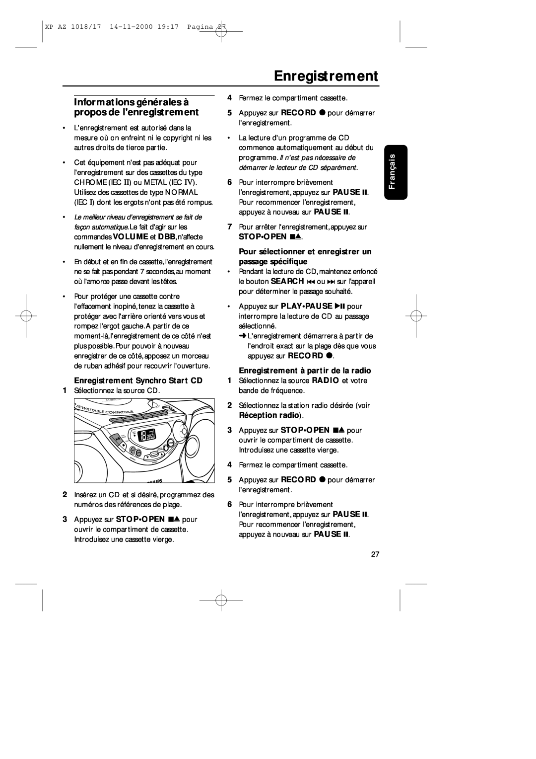 Philips 1018 manual Informations générales à propos de lenregistrement, Enregistrement Synchro Start CD, Français 