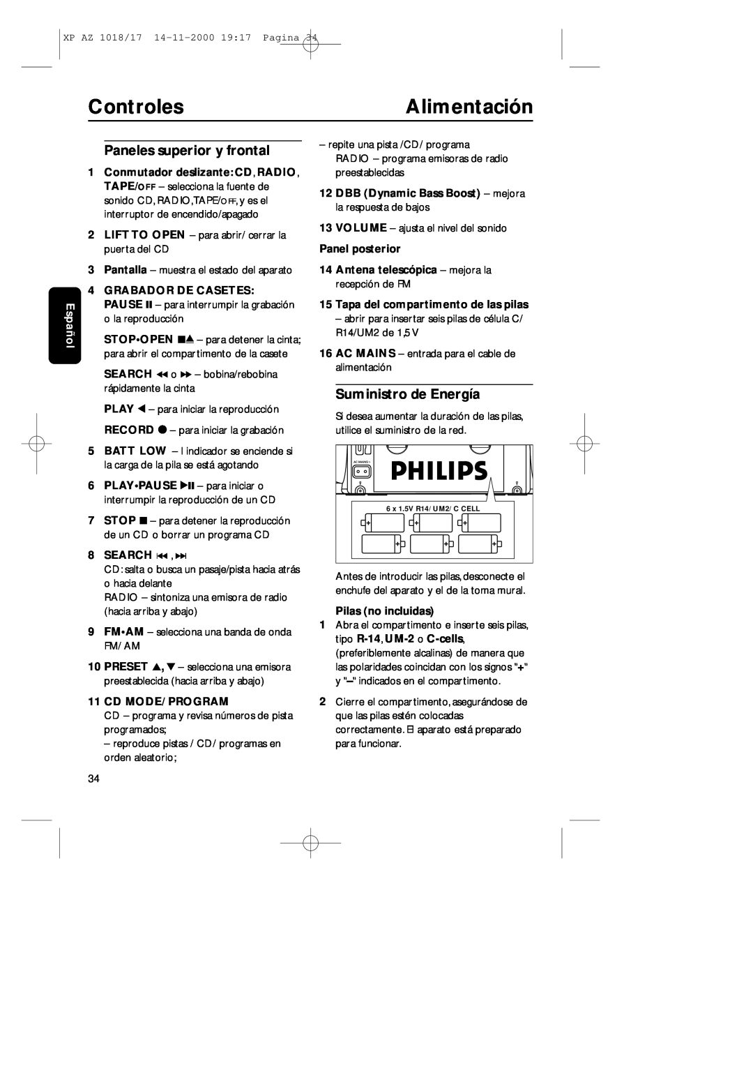Philips 1018 manual Controles, Alimentación, Paneles superior y frontal, Suministro de Energía, Español, Search ∞ , § 