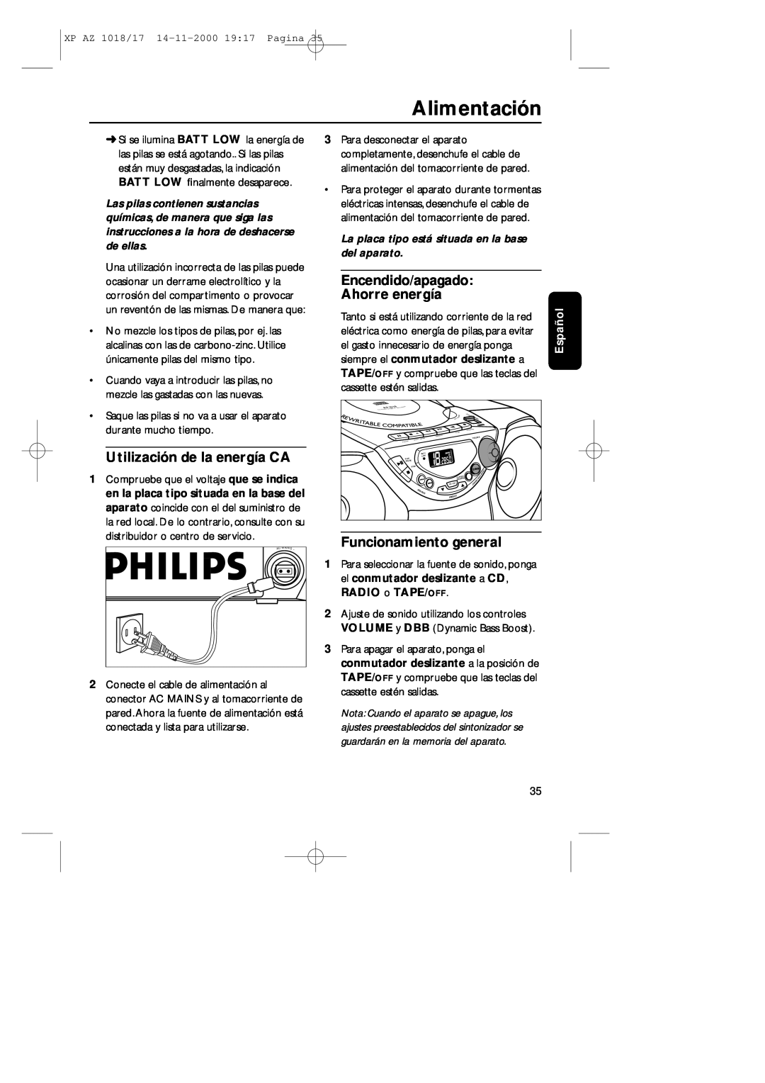 Philips 1018 Encendido/apagado Ahorre energía, Utilización de la energía CA, Funcionamiento general, Alimentación, Español 