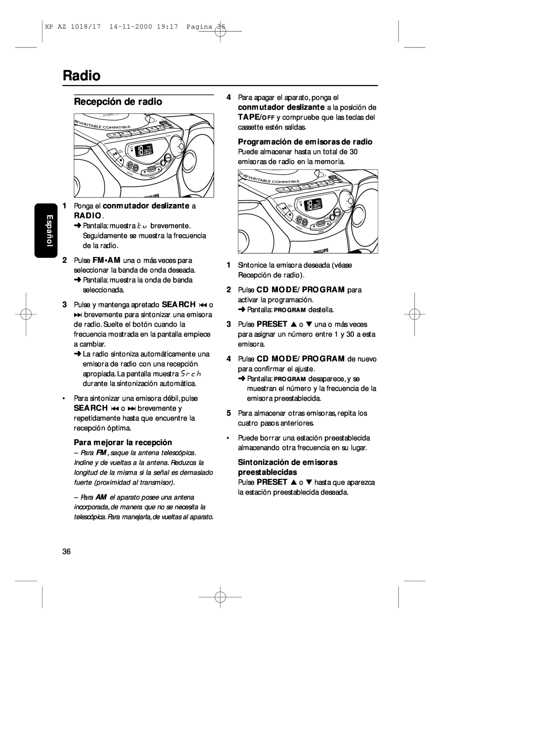 Philips 1018 manual Recepción de radio, Radio, Español, Ponga el conmutador deslizante a RADIO, Para mejorar la recepción 