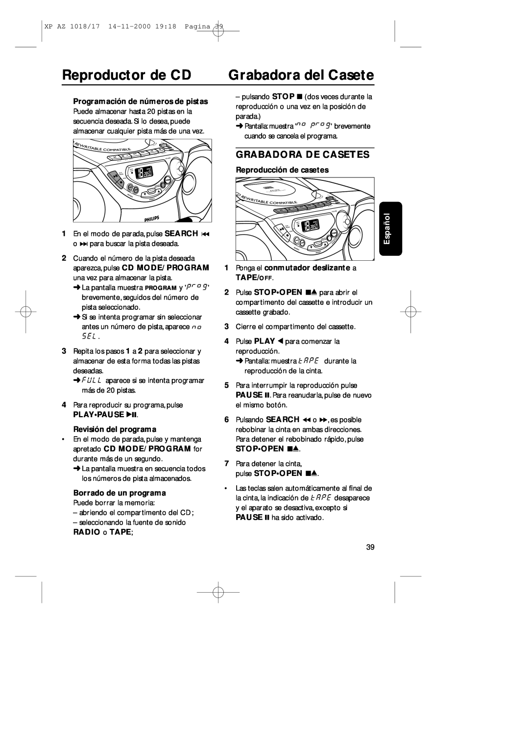Philips 1018 manual Grabadora del Casete, Grabadora De Casetes, Reproductor de CD, Programación de números de pistas, Espa 