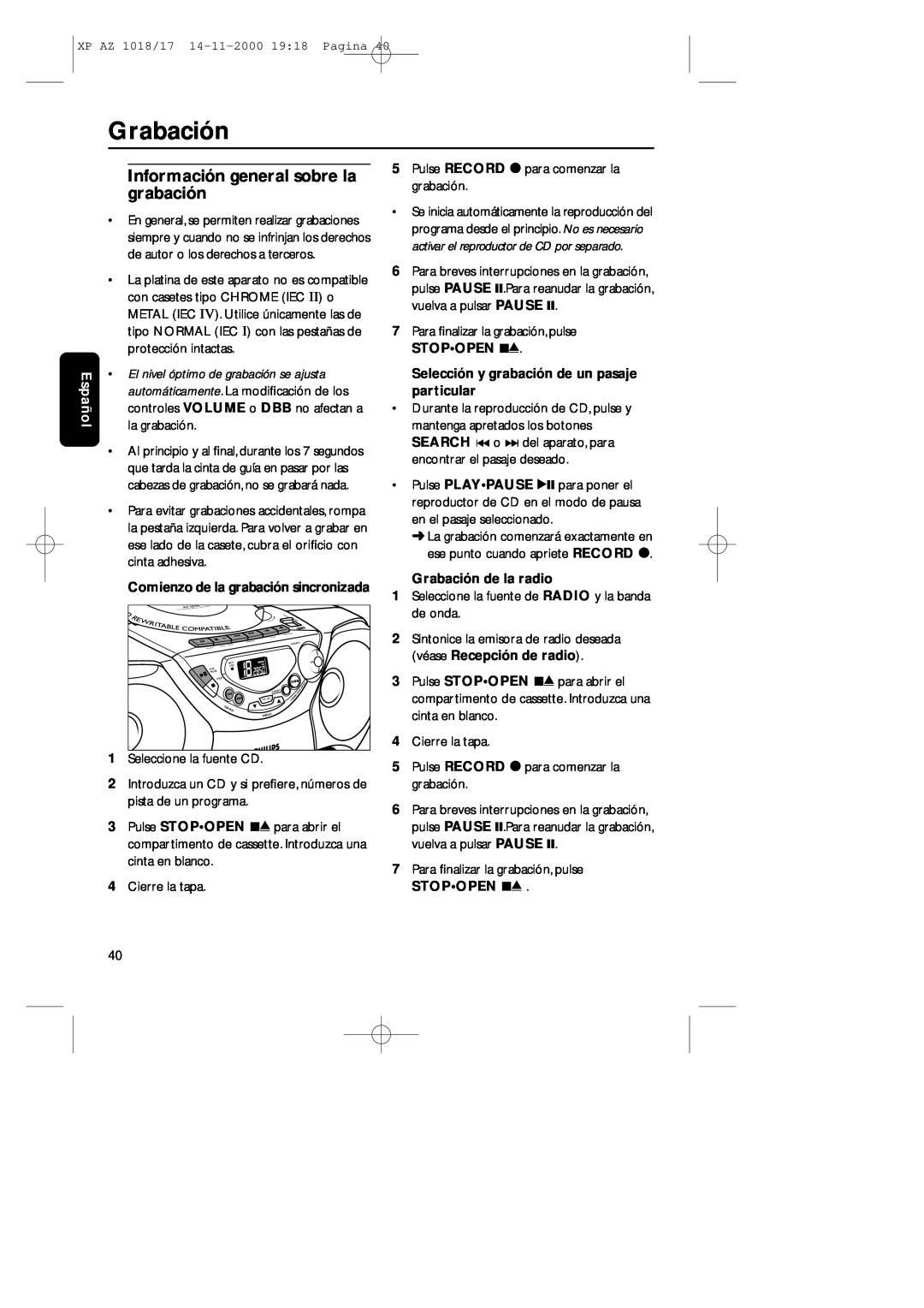 Philips 1018 manual Grabación, Información general sobre la grabación, Español, Comienzo de la grabación sincronizada 