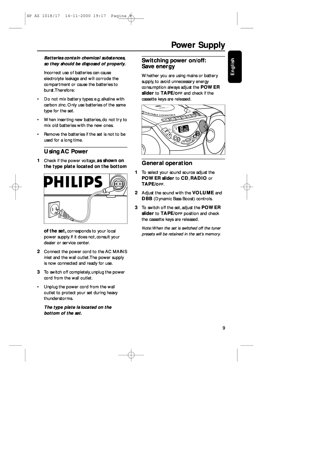 Philips 1018 manual Power Supply, Using AC Power, Switching power on/off Save energy, General operation, English 