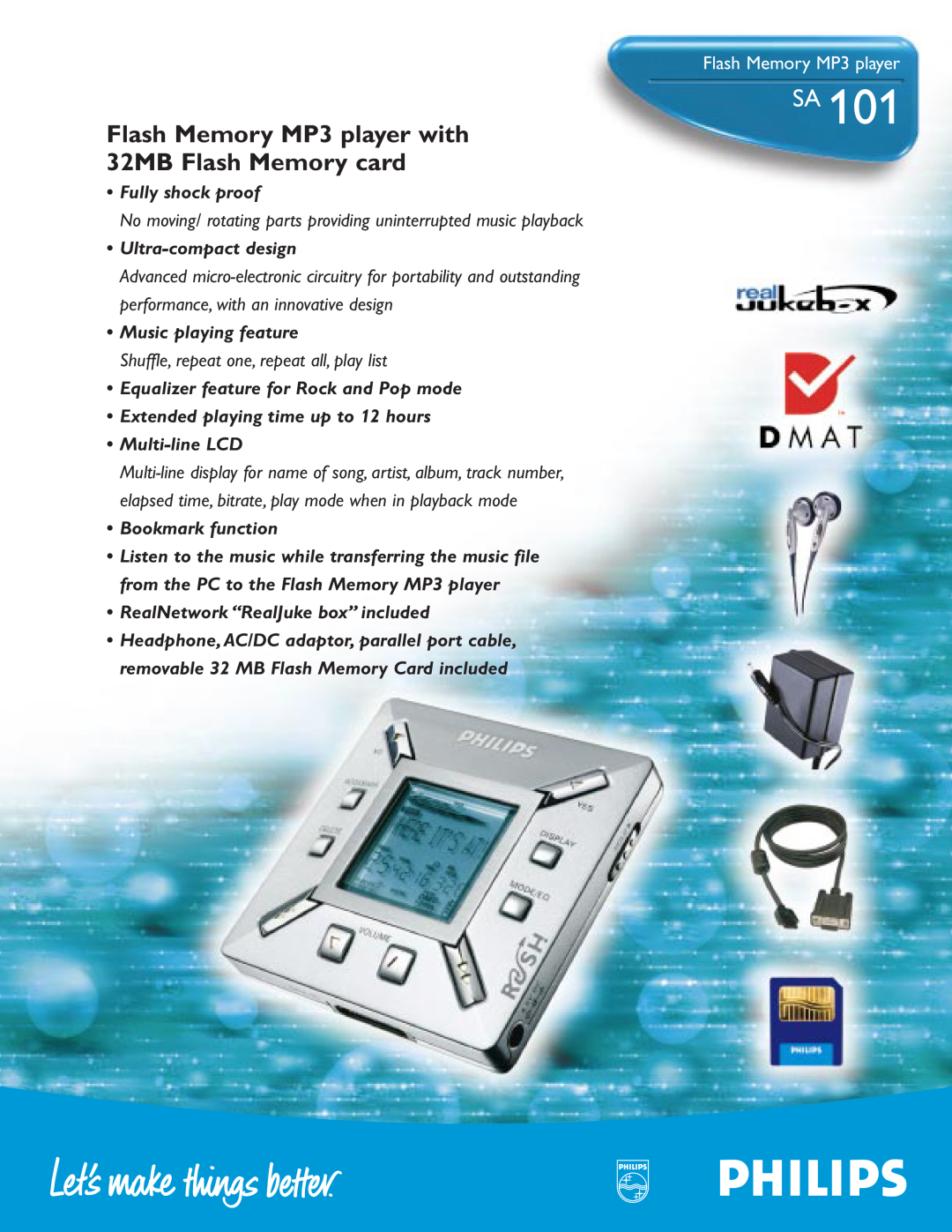 Philips 101SA manual Flash Memory MP3 player with 32MB Flash Memory card, Shuffle, repeat one, repeat all, play list 