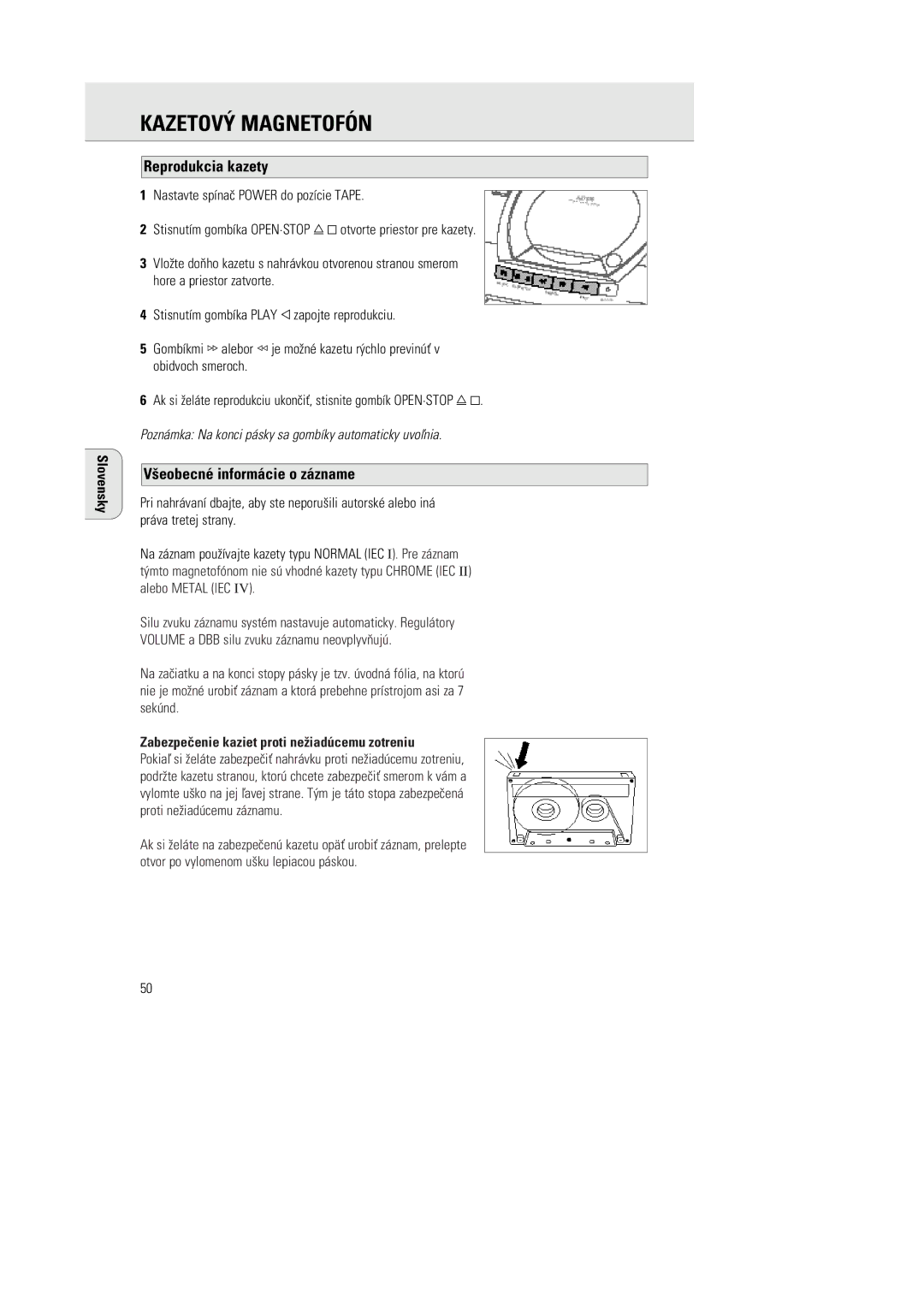 Philips 1030 manual KAZETOVà MAGNETOFîN, Reprodukcia kazety, ¶eobecnŽ inform‡cie o z‡zname 