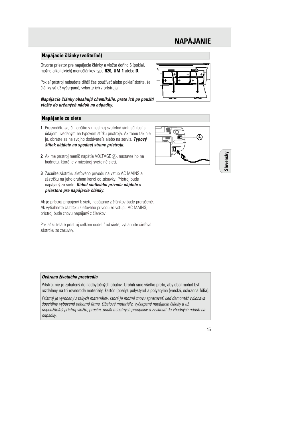 Philips 1030 manual NAPçJANIE, Nap‡jacie l‡nky volite¹nŽ, Nap‡janie zo siete 