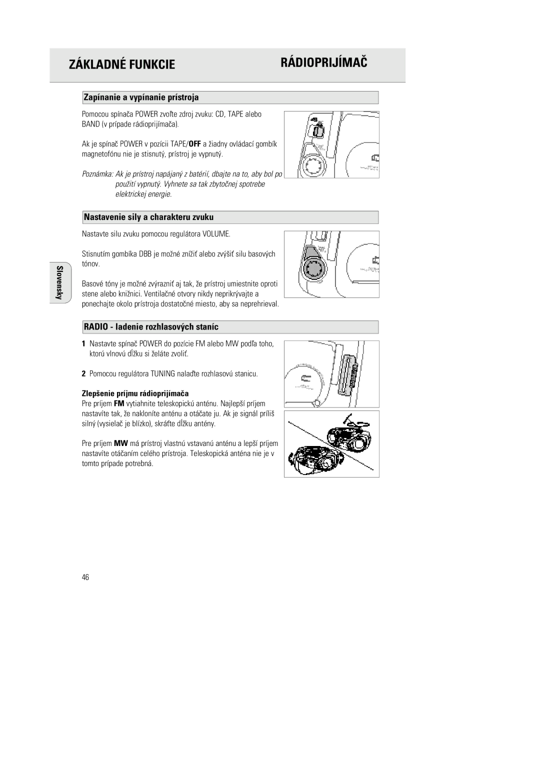 Philips 1030 manual ZçKLADNƒ Funkcie, Zap’nanie a vyp’nanie pr’stroja, Nastavenie sily a charakteru zvuku 