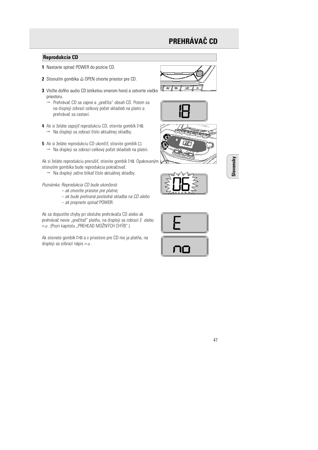 Philips 1030 manual PREHRçVAé CD, Reprodukcia CD, Na displeji zane blika ’slo aktu‡lnej skladby 