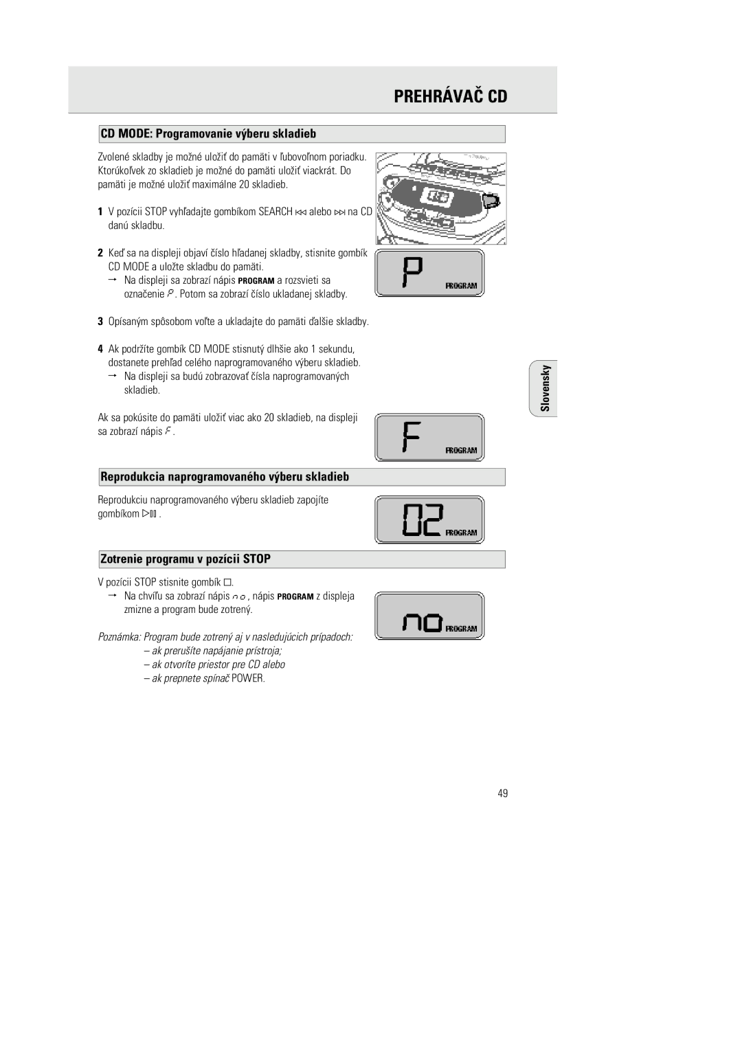 Philips 1030 manual CD Mode Programovanie v´beru skladieb, Reprodukcia naprogramovanŽho v´beru skladieb 