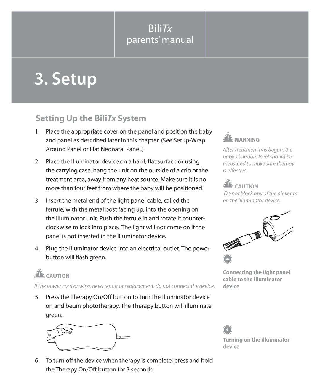 Philips 1045219 manual Setup, Setting Up the BiliTx System 