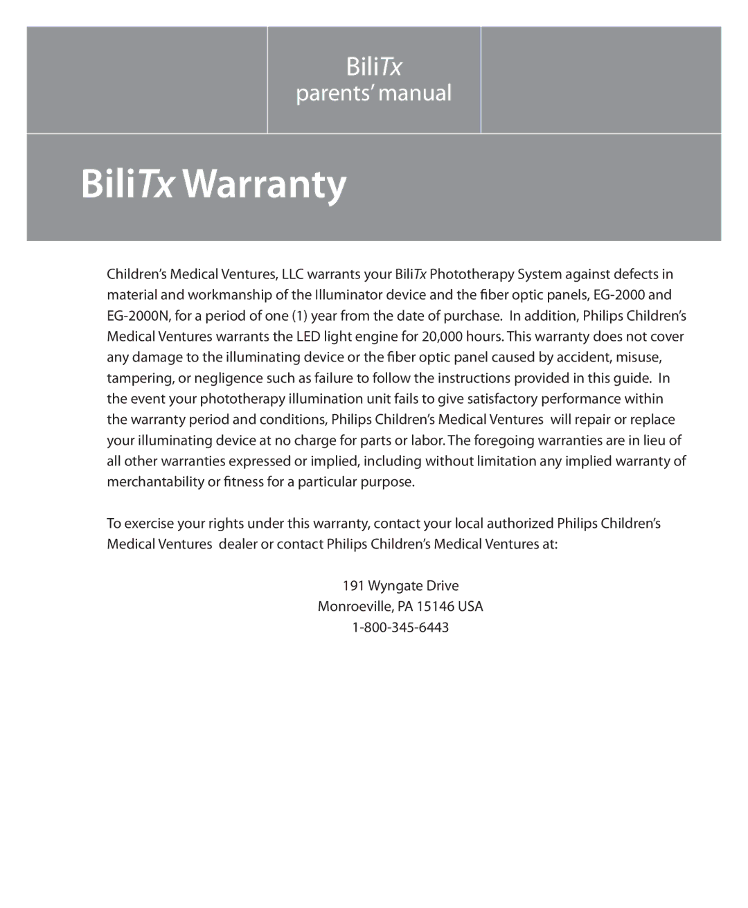 Philips 1045219 manual BiliTx Warranty 