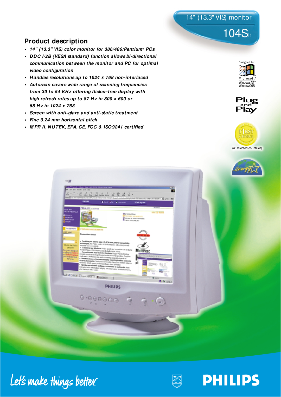 Philips manual 104S11, 14 13.3 VIS monitor, Product description 