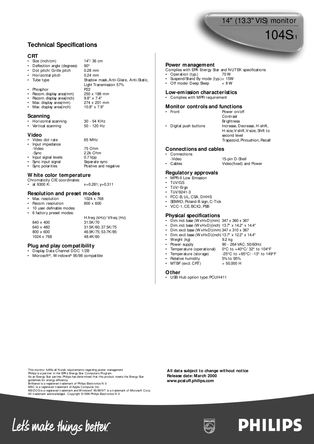 Philips 104S Scanning, Video, White color temperature, Resolution and preset modes, Plug and play compatibility, Other 