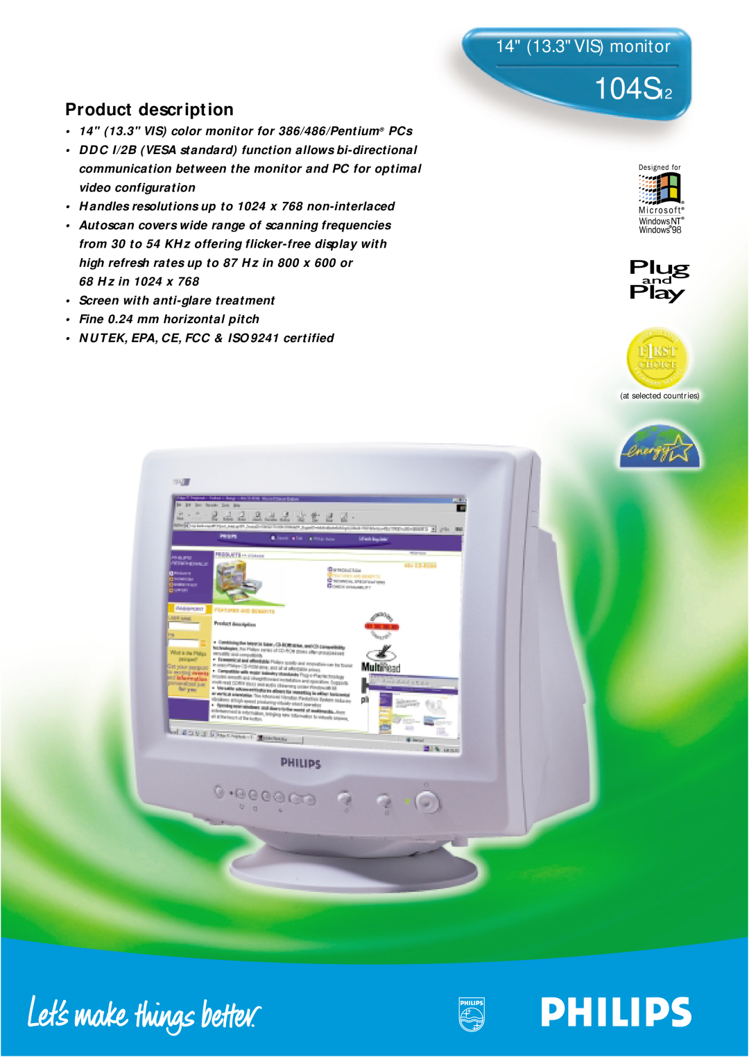 Philips 104S12 manual 14 13.3 VIS monitor, Product description 