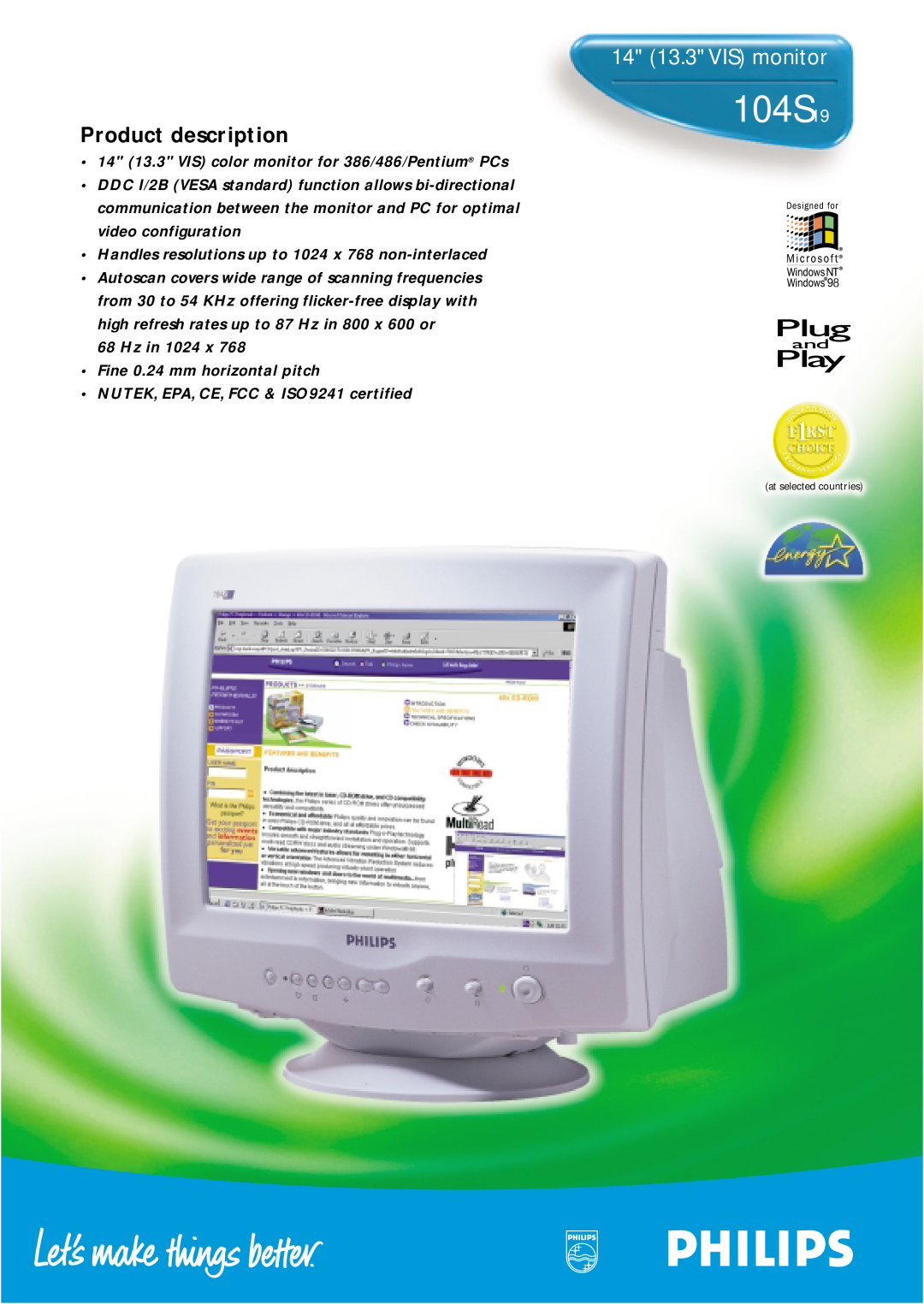 Philips 104S19 manual 14 13.3 VIS monitor, Product description 
