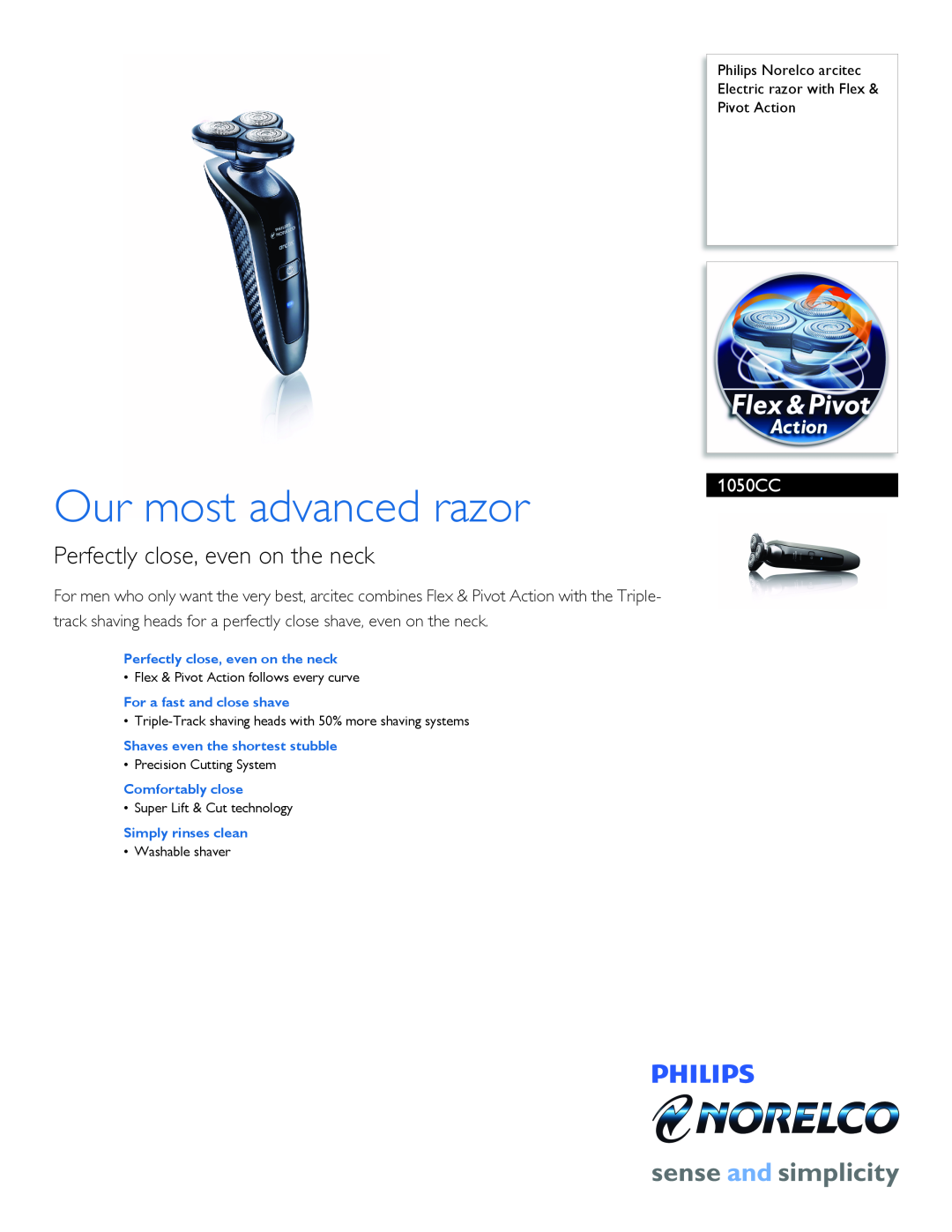 Philips 1050CC manual Philips Norelco arcitec Electric razor with Flex & Pivot Action, Our most advanced razor 
