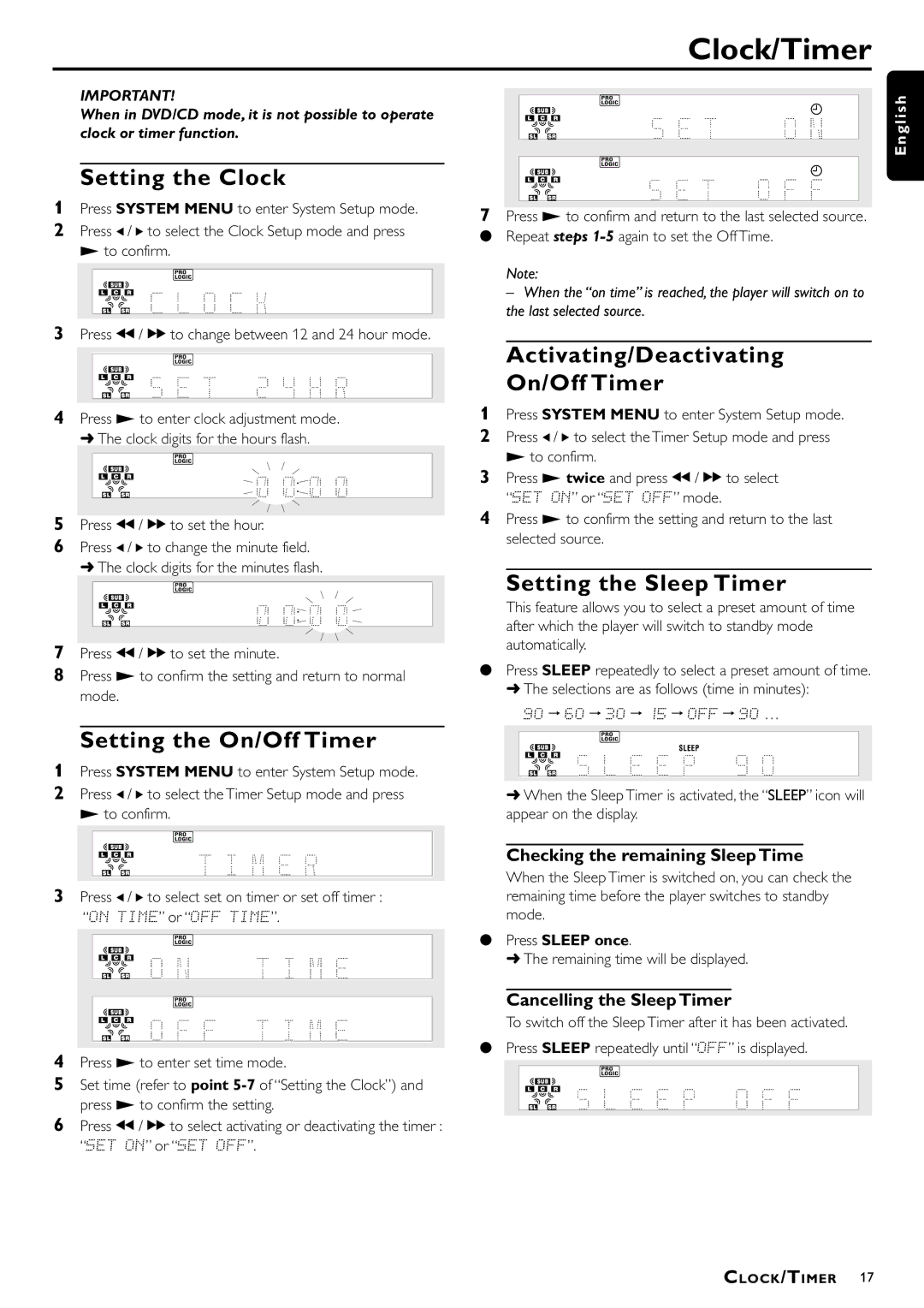 Philips 1015D, 1055D manual Clock/Timer, Setting the Clock, Activating/Deactivating On/Off Timer, Setting the Sleep Timer 