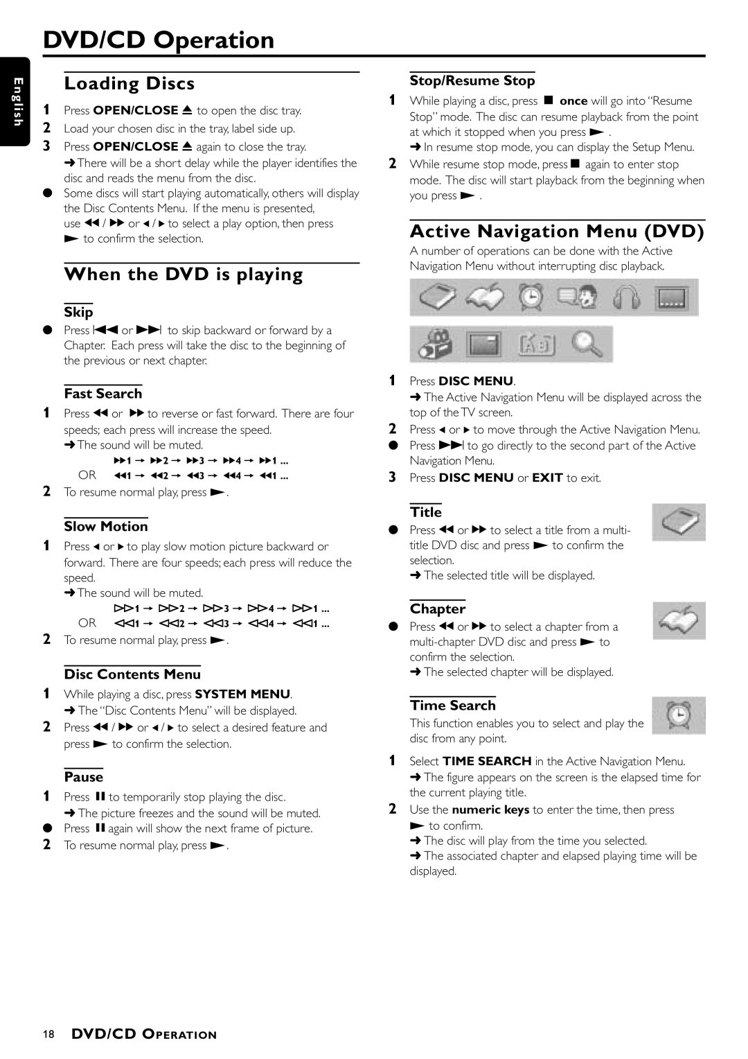 Philips 1055D, 1015D manual DVD/CD Operation, Loading Discs, When the DVD is playing, Active Navigation Menu DVD 