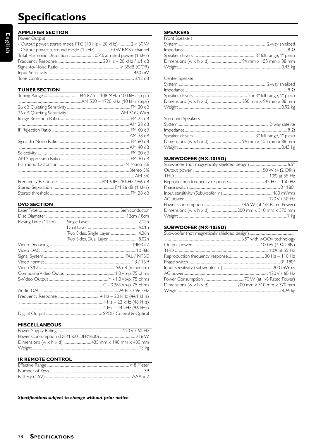 Philips 1055D, 1015D manual Specifications, Amplifier Section 