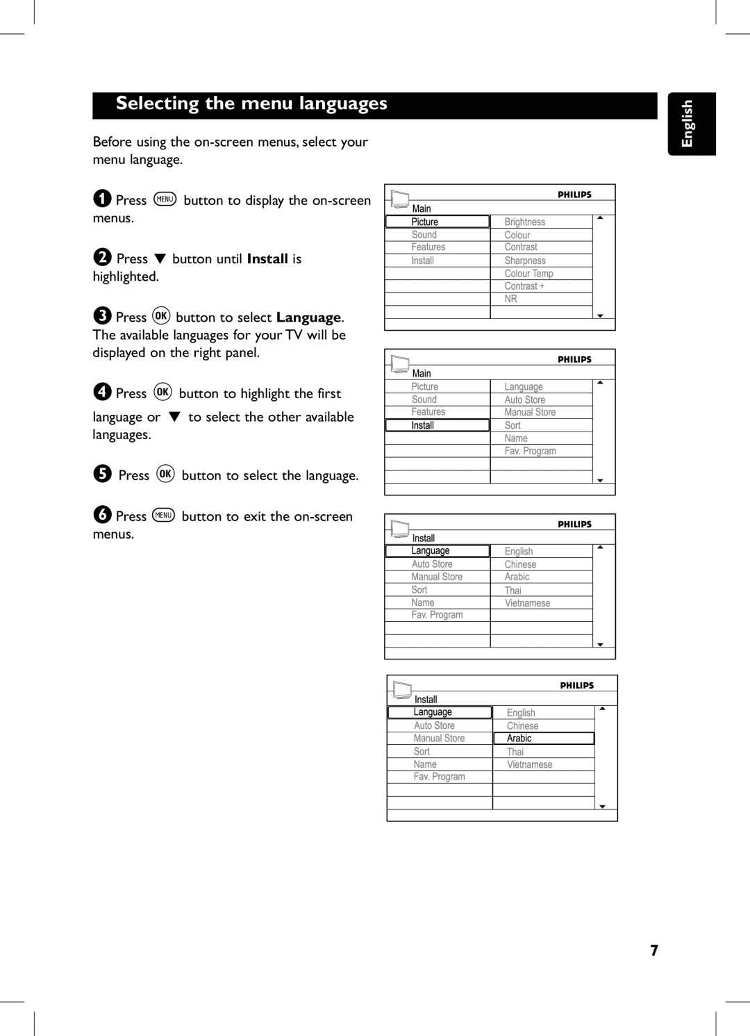 Philips 105E user manual Selecting the menu languages 