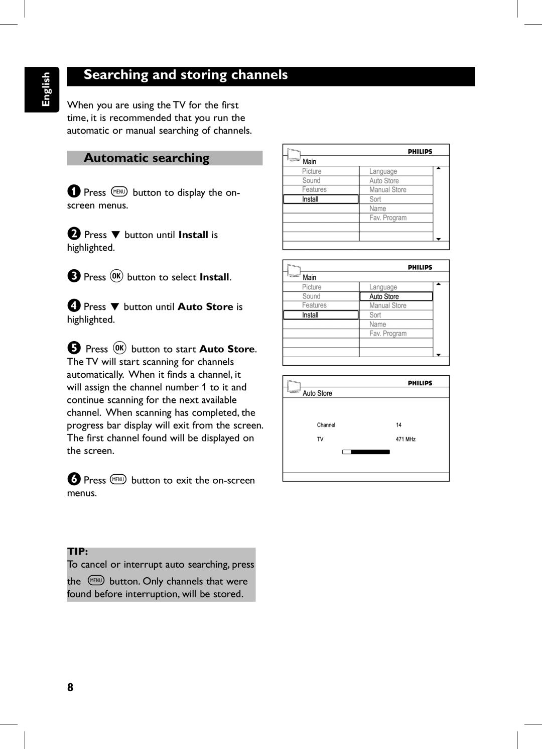 Philips 105E user manual Searching and storing channels, Automatic searching 