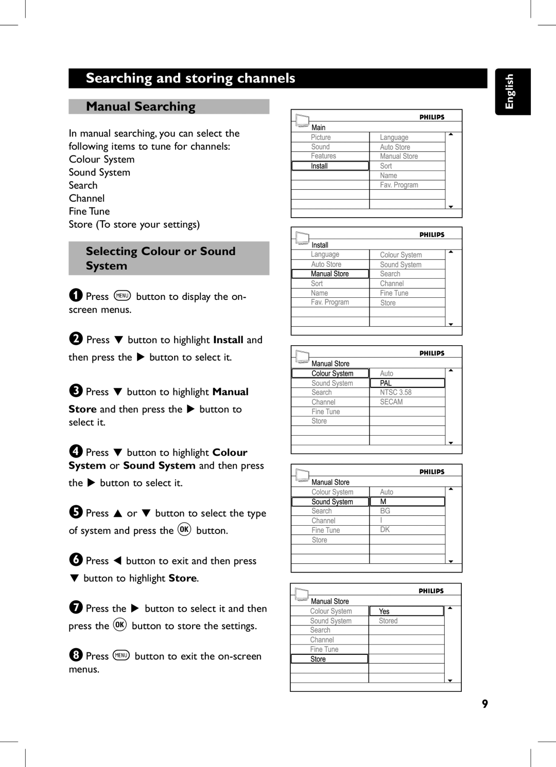 Philips 105E user manual Manual Searching, Selecting Colour or Sound System 