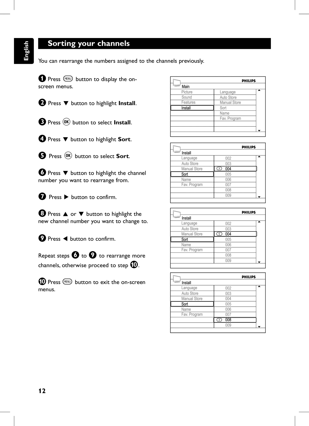 Philips 105E user manual Sorting your channels 