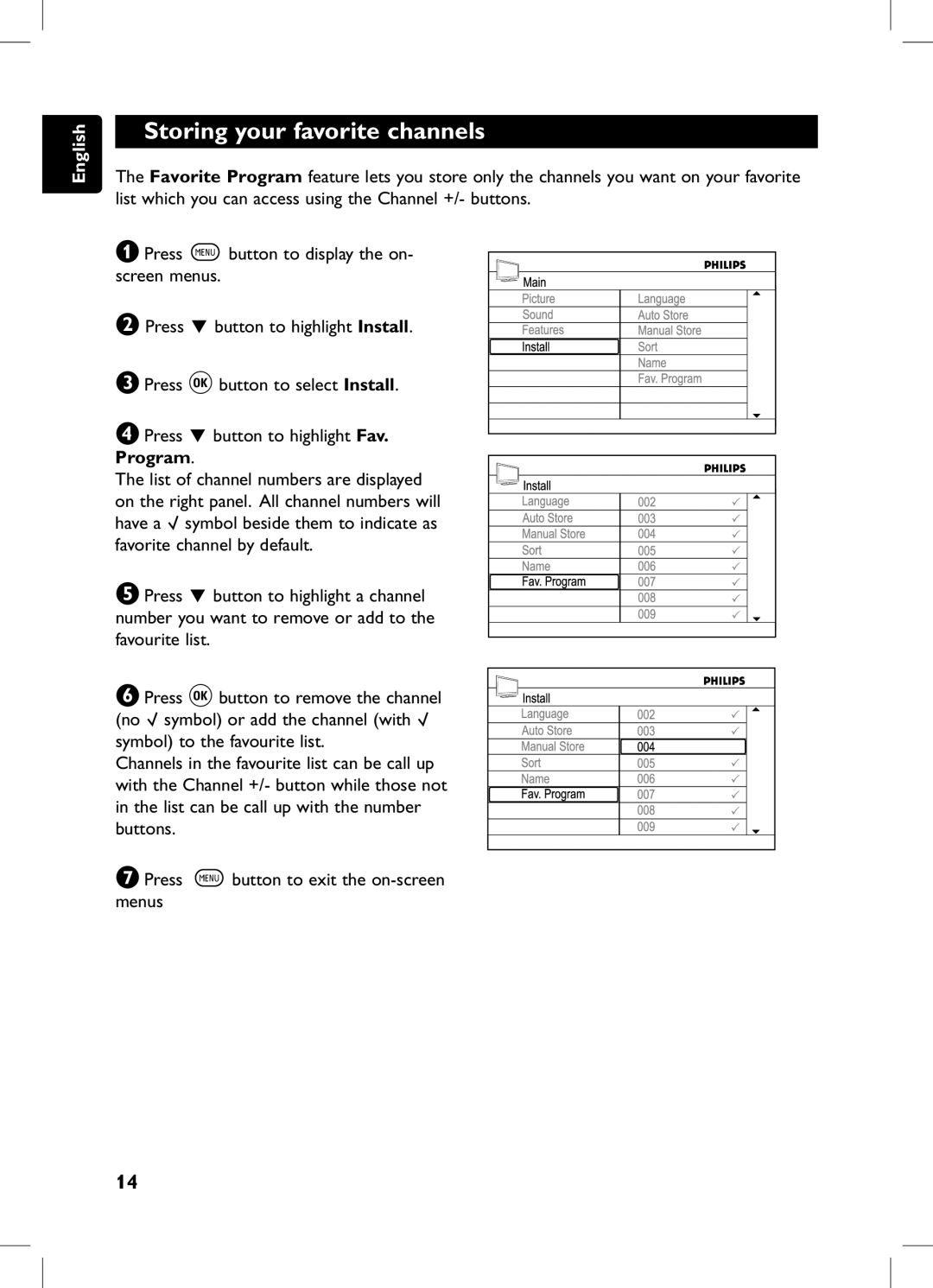 Philips 105E user manual Storing your favorite channels 